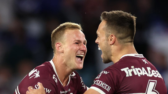 Daly Cherry-Evans and Luke Brooks celebrate their win over Canterbury.