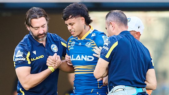 Eels forward Haze Dunster limps from the field.