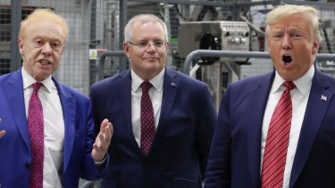 Anthony Pratt, Scott Morrison and Donald Trump during the official opening of the Pratt Industries Wapakoneta recycling and paper plant in Ohio in September.