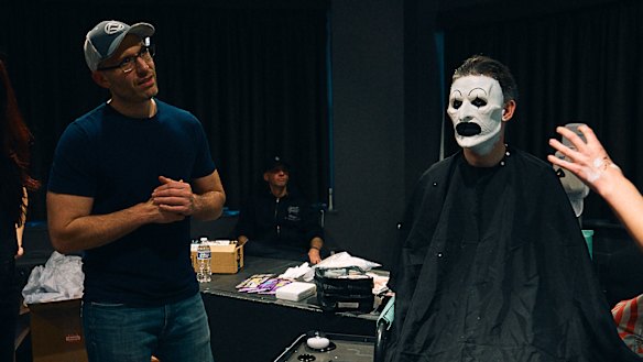 Damien Leone (left) on the Terrifier 3 set with David Howard Thornton (centre), who plays Art the Clown.