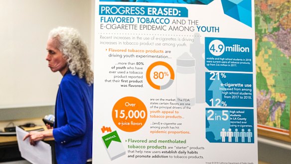 Barbara Ferrer, diretor at the Los Angeles County Department of Public Health walks past a poster after announcing the county's first known death associated with e-cigarette vaping on Friday.