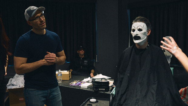 Damien Leone (left) on the Terrifier 3 set with David Howard Thornton (centre), who plays Art the Clown.