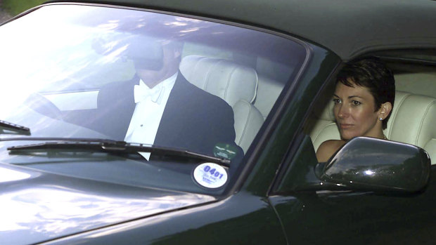 British socialite Ghislaine Maxwell, driven by Prince Andrew leaves the wedding of a former girlfriend of the prince, Aurelia Cecil, in Compton Chamberlayne near Salisbury, England, in 2000.