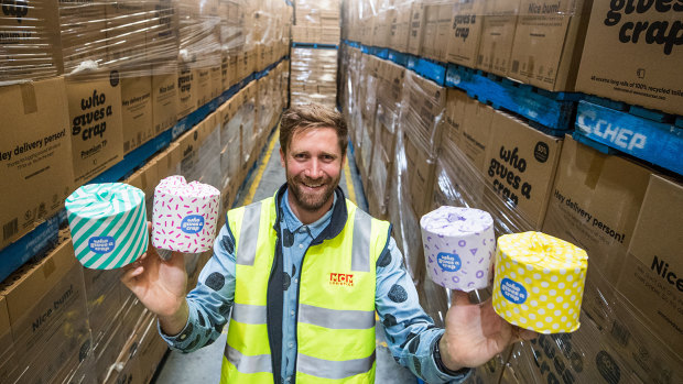 Who Gives a Crap chief Simon Griffiths in the warehouse. At the peak of the pandemic, the company was selling 28 rolls of toilet paper every second.