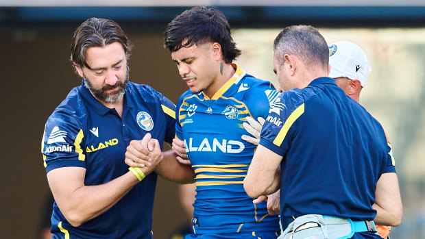 Eels forward Haze Dunster limps from the field.