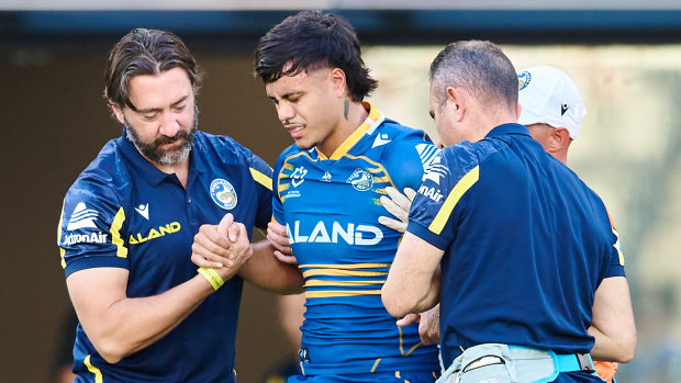 Eels forward Haze Dunster limps from the field.