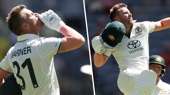 David Warner gives a tradmark leap and sends a message to his detractors on reaching 100 against Pakistan.