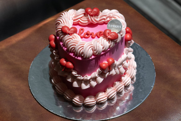 Banksia Bakehouse’s raspberry velvet cake is layered with cream cheese frosting and raspberry jam.