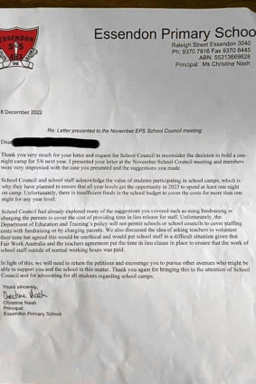 Essendon Primary School principal Christine Nash told students who petitioned the school that she had no option but to shorten camps.