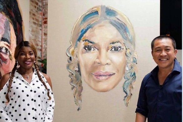 Anh Do with Marcia Hines and the portrait he painted of the singer for Brush With Fame.