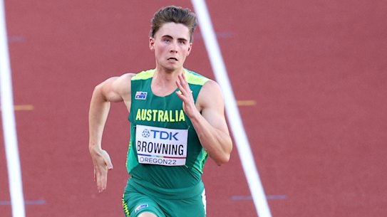 Australia’s Rohan Browning (second from right). His heat was won by American Marvin Bracy.