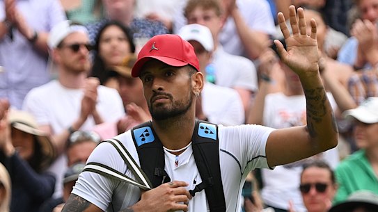 Nick Kyrgios put on a red cap and red shoes while still on court.