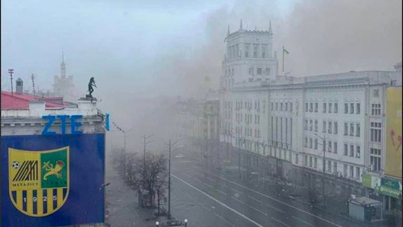 Smoke rises from a building in Kharkiv, Ukraine following a Russian missile strike, in this image shared by adviser to Ukraine’s Interior Minister Anton Gerashchenko.
