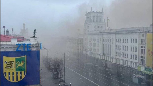 Smoke rises from a building in Kharkiv, Ukraine following a Russian missile strike, in this image shared by adviser to Ukraine’s Interior Minister Anton Gerashchenko.