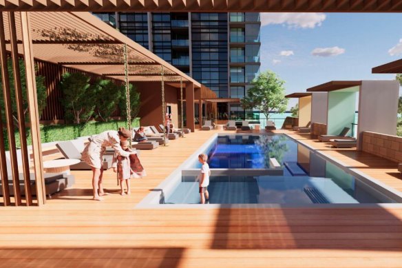 A swimming pool appears to be planned for the rooftop of the three-level podium. 
