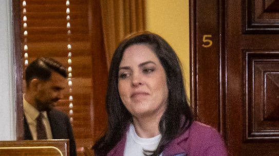 Moira Deeming leaving a Liberal Party meeting in May.