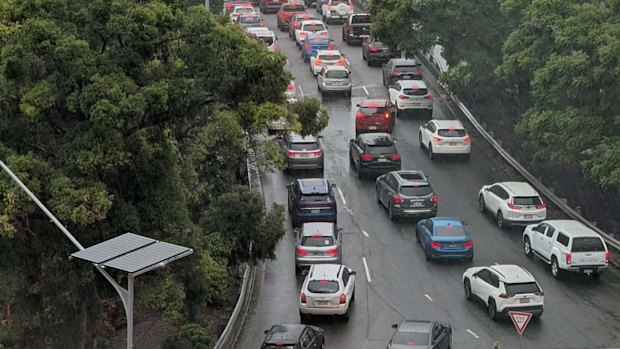 Afternoon traffic backed up on the Story Bridge on February 13 2026.