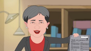 Labor frontbencher Penny Wong is depicted instructing Anthony Albanese in election fraud.