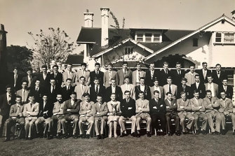 The Boys of 1956 in front of the hostel for country boys attending Melbourne University at 481 St Kilda Road.  