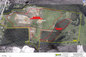 An aerial image of the Dandy Premix sand mine, from its application to government. The red lines show where the mine would be extended. 