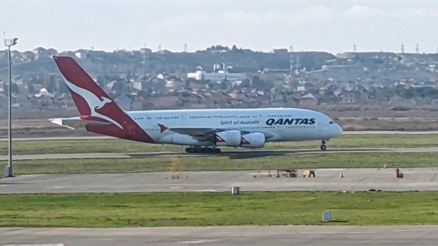 QF1 on the tarmac at Baku airport in Azerbaijan after making an emergency landing.