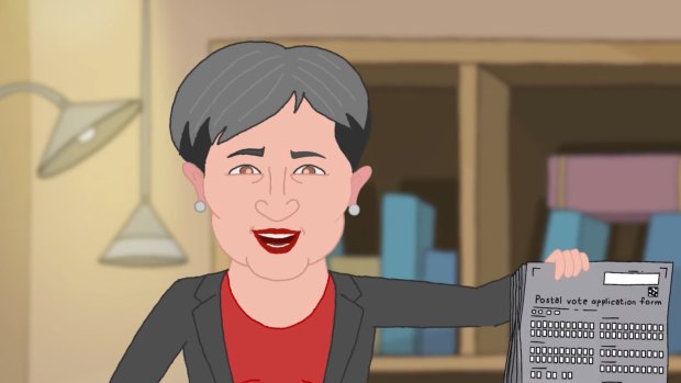 Labor frontbencher Penny Wong is depicted instructing Anthony Albanese in election fraud.