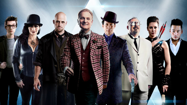 The cast of 'The Illusionists' (from left) The Mentalist (Chris Cox), The Conjuress (Jinger Leigh), The Daredevil (Jonathan Goodwin), The Trickster (Jeff Hobson), The Showman (Mark Kalin), The Inventor (Kevin James), The Warrior (Robyn Sharpe) and The Manipulator (An Ha Lim).