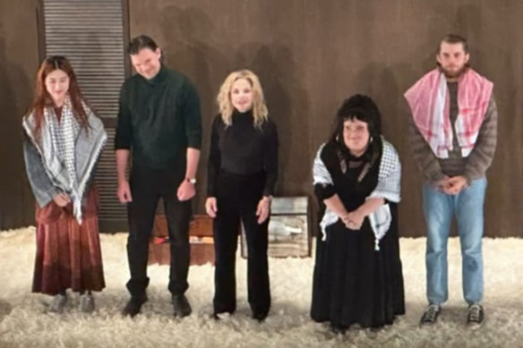 Mabel Li (left), Harry Greenwood (right) and Megan Wilding (second right) wear traditional keffiyeh in the Sydney Theatre Company’s production of The Seagull. Source: Instagram