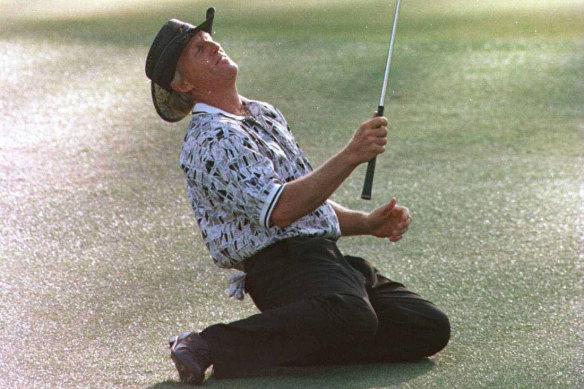 Greg Norman looks to the heavens at the 1996 US Masters,  which he famously lost.