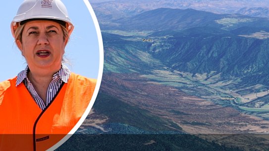 Premier Annastacia Palaszczuk, and an aerial view of the location for the Queensland government’s proposed 5 gigawatt Pioneer-Burdekin pumped hydro electricity site, pitched as the largest in the world as part of its 10-year energy and jobs transition strategy announced in September 2022.