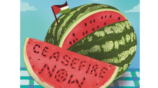 Watermelon with seeds spelling out ‘ceasefire now’.