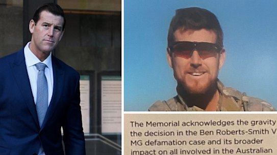 Part of the sign that has been added next to two displays relating to Ben Roberts-Smith at the War Memorial.