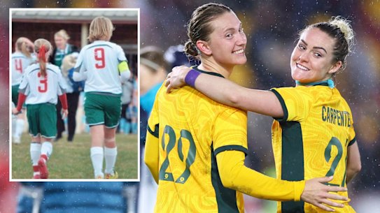 Matildas defenders Clare Hunt and Ellie Carpenter with the Australian women’s national team and as kids playing in central west NSW.