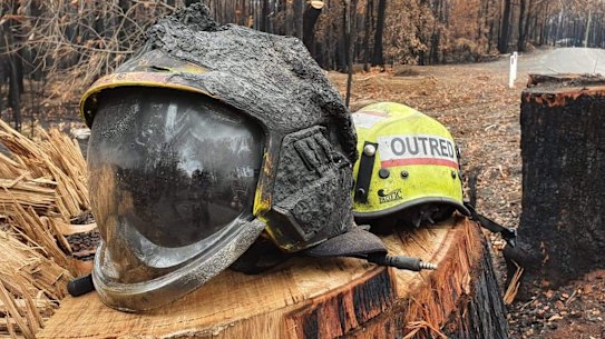 Rhys Outred's helmet burnt after escaping an ember attack.