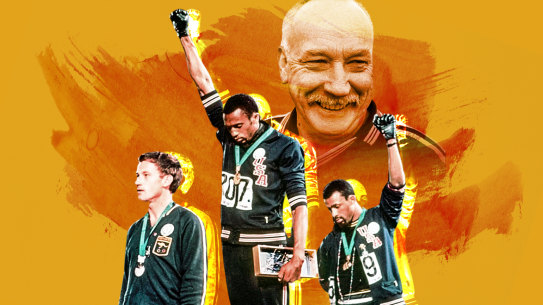 Peter Norman, Tommie Smith and John Carlos on the dias at the Mexico Olympics. Inset, Norman.