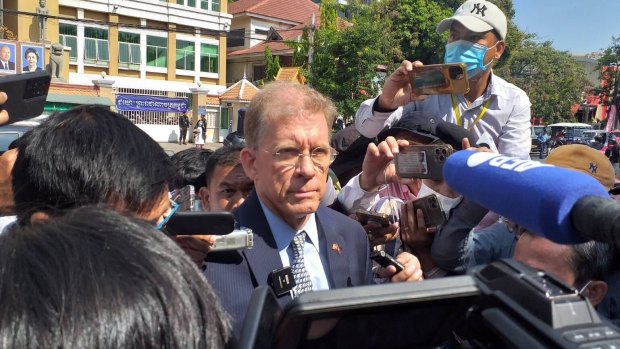 US ambassador Patrick Murphy speaks to reporters outside the court in Phnom Penh on Friday.