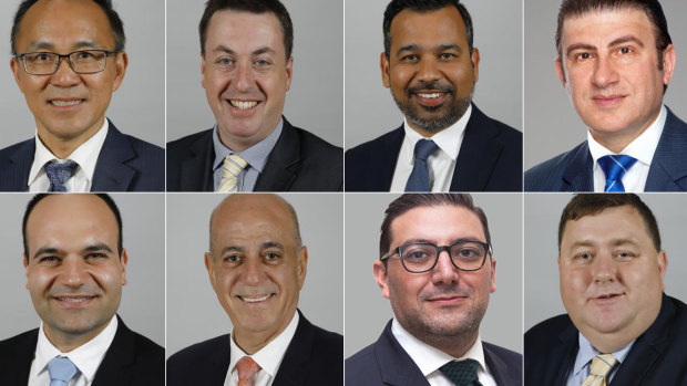 The City of Parramatta councillors who voted for Mark Stapleton. From left, top: Paul Han, Andrew Jefferies, Sameer Pandey, Benjamin Barrak. Bottom: Martin Zaiter, Pierre Esber, Steven Issa, Bill Tyrrell. 