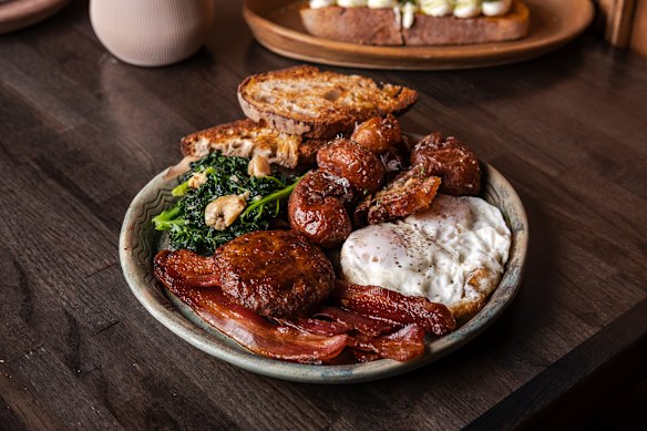 A brunch plate, piled high, at Esther’s Kitchen.