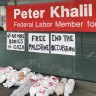 Fake bodies outside Labor MP Peter Khalil’s electorate office in Melbourne.