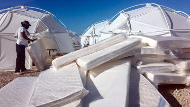Mattress and tents that were set up for attendees of Fyre Festival in April 2017 in the Exuma islands, Bahamas. 
