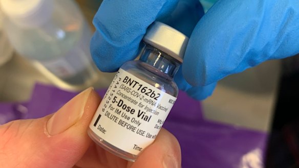 The Pfizer vaccine dose administered to Australian radiographer Kerri Doggett in London on January 8.