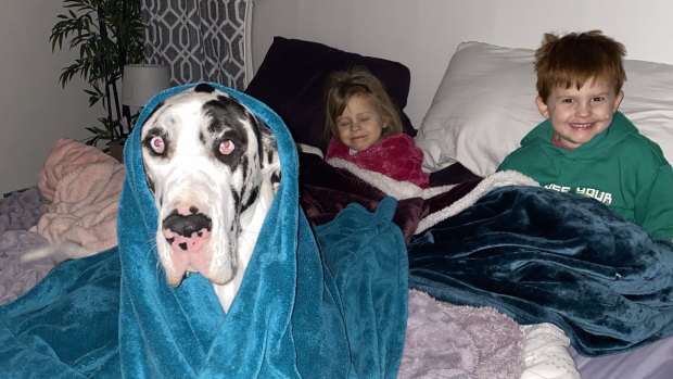 Rebekah Sawyer’s children, Wyatt and Emma, and dog Paige, try to stay warm during the Texas power blackout.
