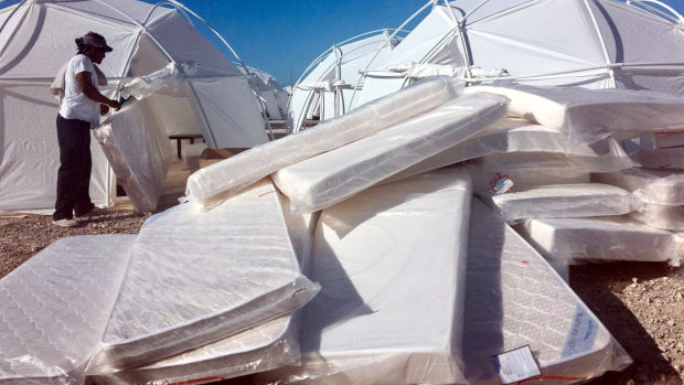 Mattress and tents that were set up for attendees of Fyre Festival in April 2017 in the Exuma islands, Bahamas. 
