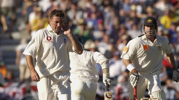 Silverwood (left) in his playing days, during the 2002 Ashes series against Australia in Perth.