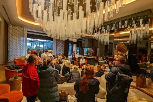 Qantas passengers at a Baku hotel, where they stayed overnight ahead of their recovery flight to London.