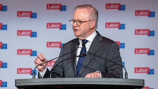 Prime Minister Anthony Albanese addresses the Queensland Labor state conference in Brisbane on Sunday.