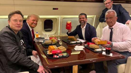 Elon Musk, US President-elect Donald Trump, Donald Trump jnr, Mike Johnson and Robert F Kennedy jnr eat McDonald’s food aboard Trump’s private plane.
