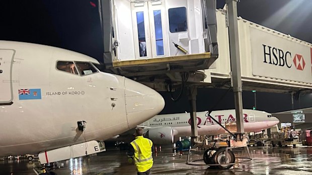 The aerobridge struck the Fiji Airways Boeing 737 late Saturday night at Brisbane Airport.