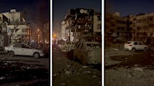 Stills from a video showing the impact of the strike on buildings and cars in Niloufar Square.