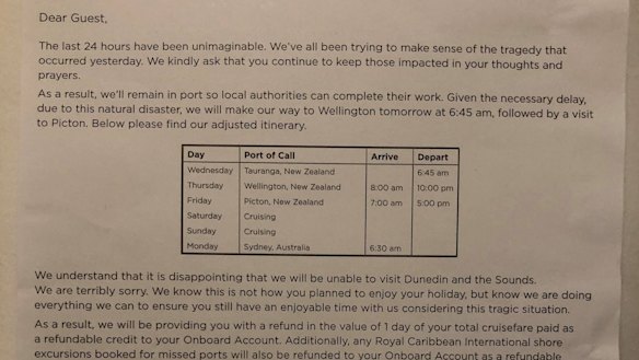 A letter provided to passengers on Ovation of the Seas cruise ship that was delayed by the White Island volcano eruption.